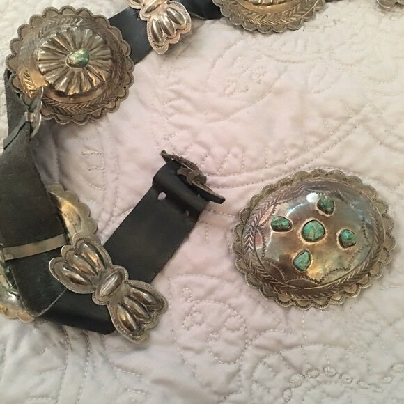 Vintage 1960s Navajo Sterling Stamped Domed Handmade 11 Pc Concho Belt Turquoise - Picture 12 of 12